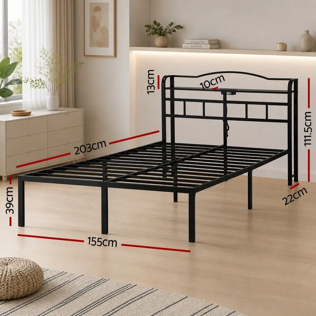 Queen Size Bed Frame with Integrated Charging Station AC Outlets USB Type-C and Under-bed Storage