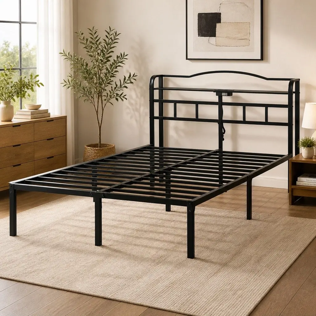 Queen Size Bed Frame with Integrated Charging Station AC Outlets USB Type-C and Under-bed Storage
