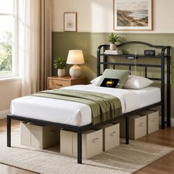 Single Bed Frame with Integrated Charging Station & MDF Headboard Storage Black