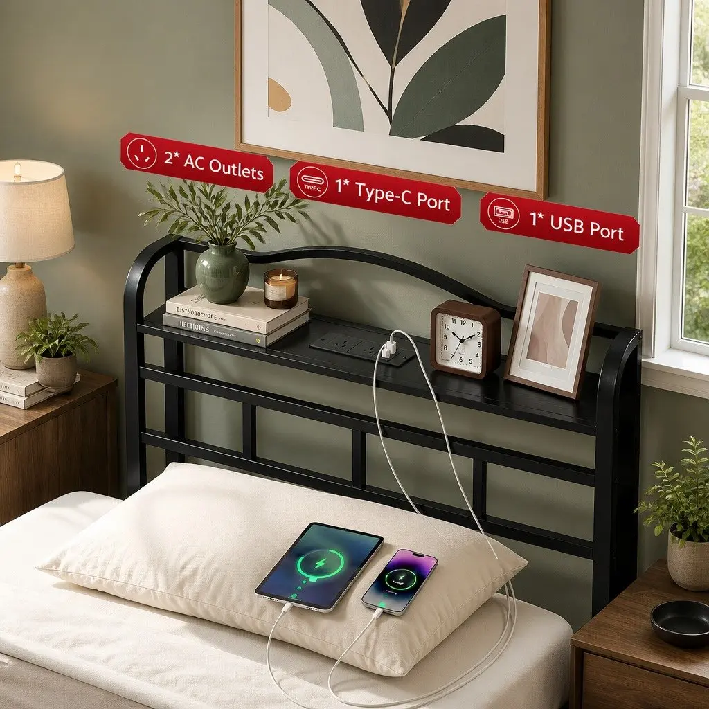 Single Bed Frame with Integrated Charging Station & MDF Headboard Storage Black