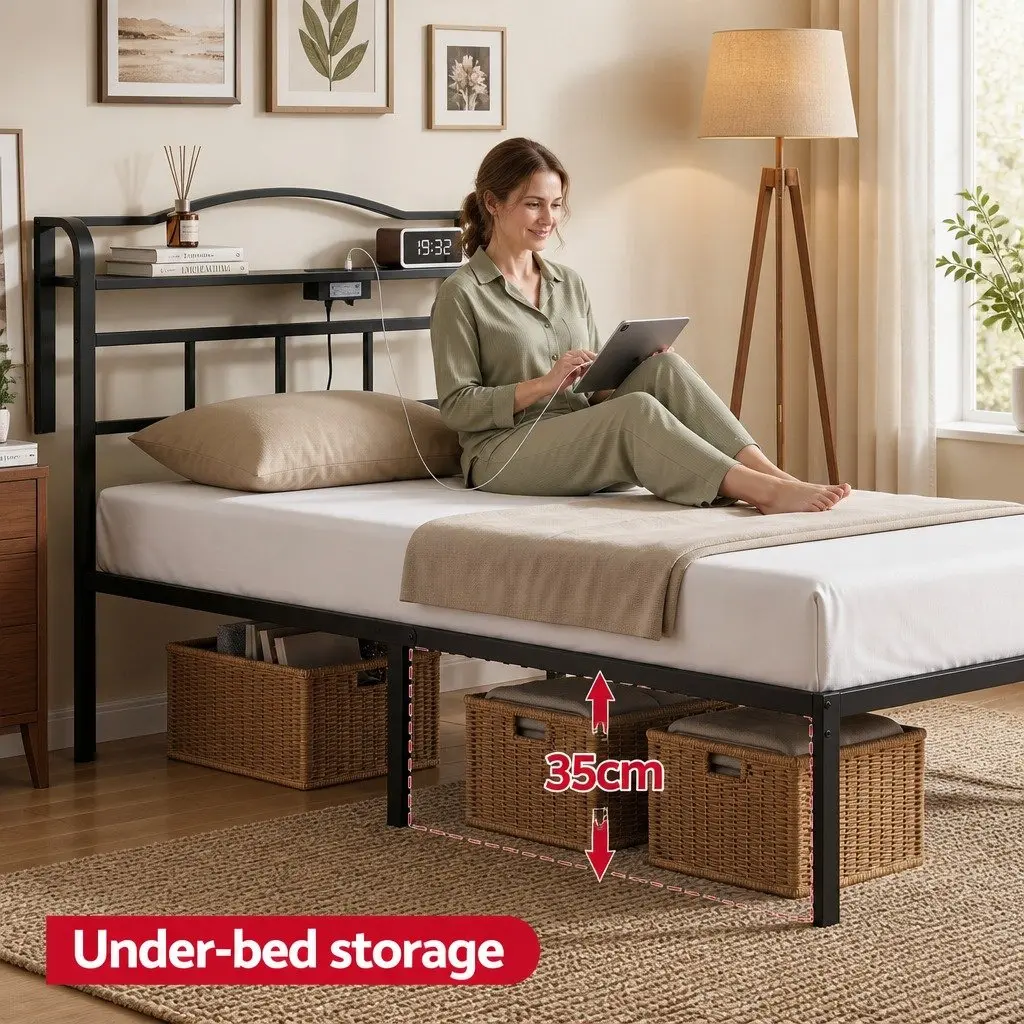 Single Bed Frame with Integrated Charging Station & MDF Headboard Storage Black
