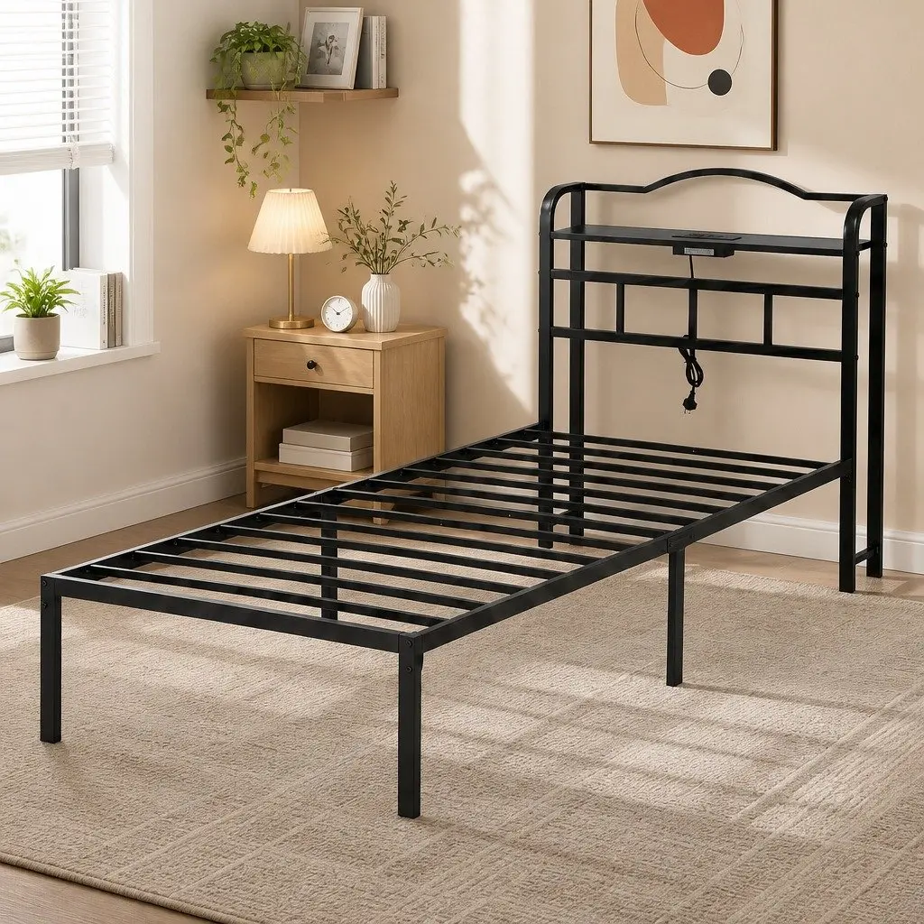 Single Bed Frame with Integrated Charging Station & MDF Headboard Storage Black