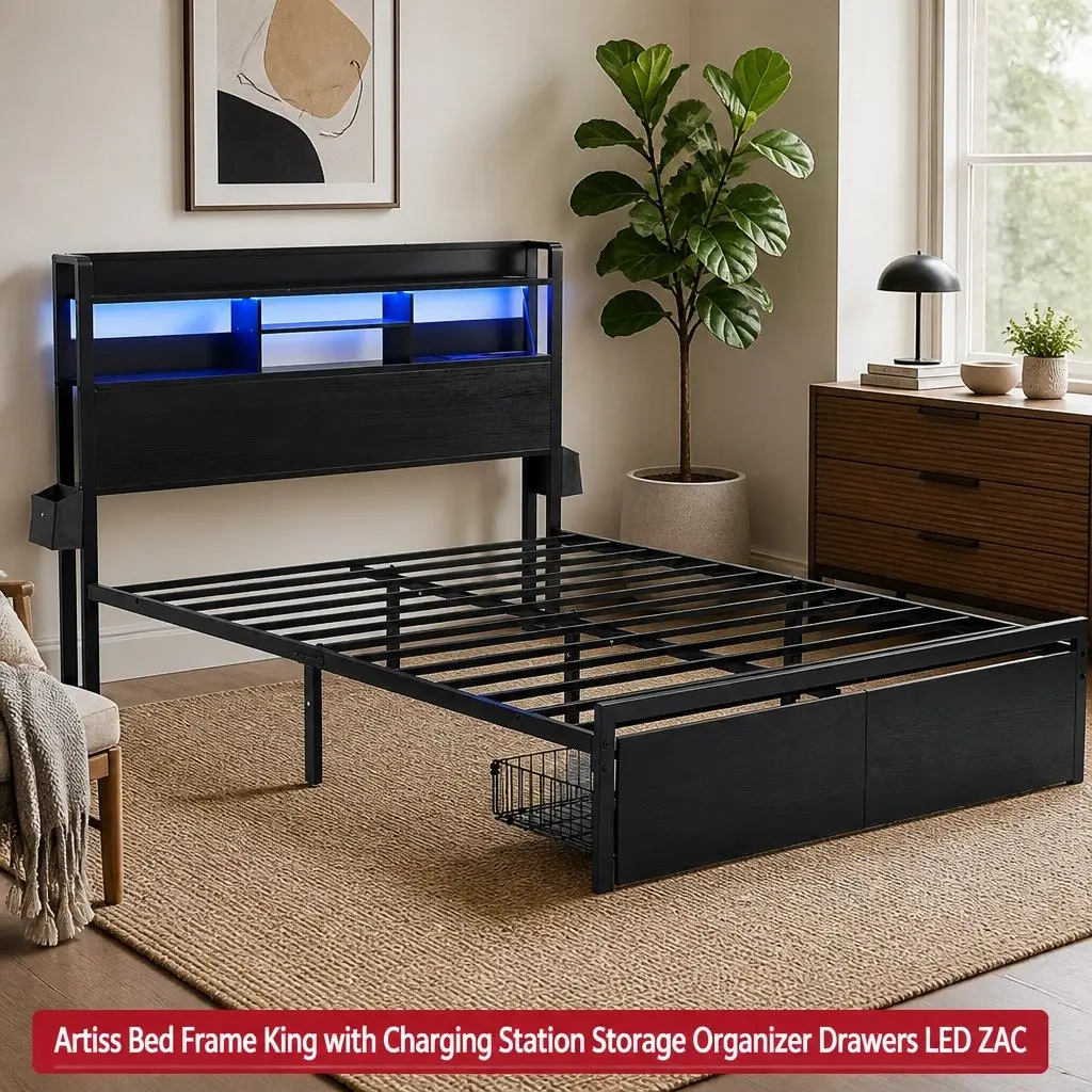 King Bed Frame with Charging Station Storage Drawers LED Lights Metal Base 189cm W x 220cm L x 115cm H