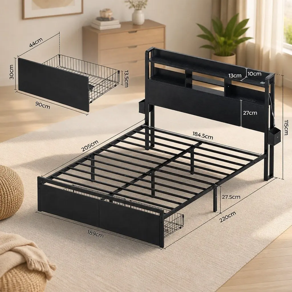 King Bed Frame with Charging Station Storage Drawers LED Lights Metal Base 189cm W x 220cm L x 115cm H