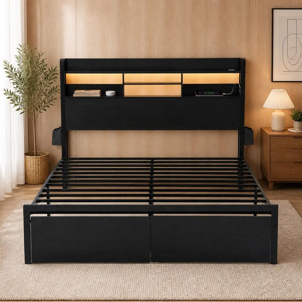 King Bed Frame with Charging Station Storage Drawers LED Lights Metal Base 189cm W x 220cm L x 115cm H