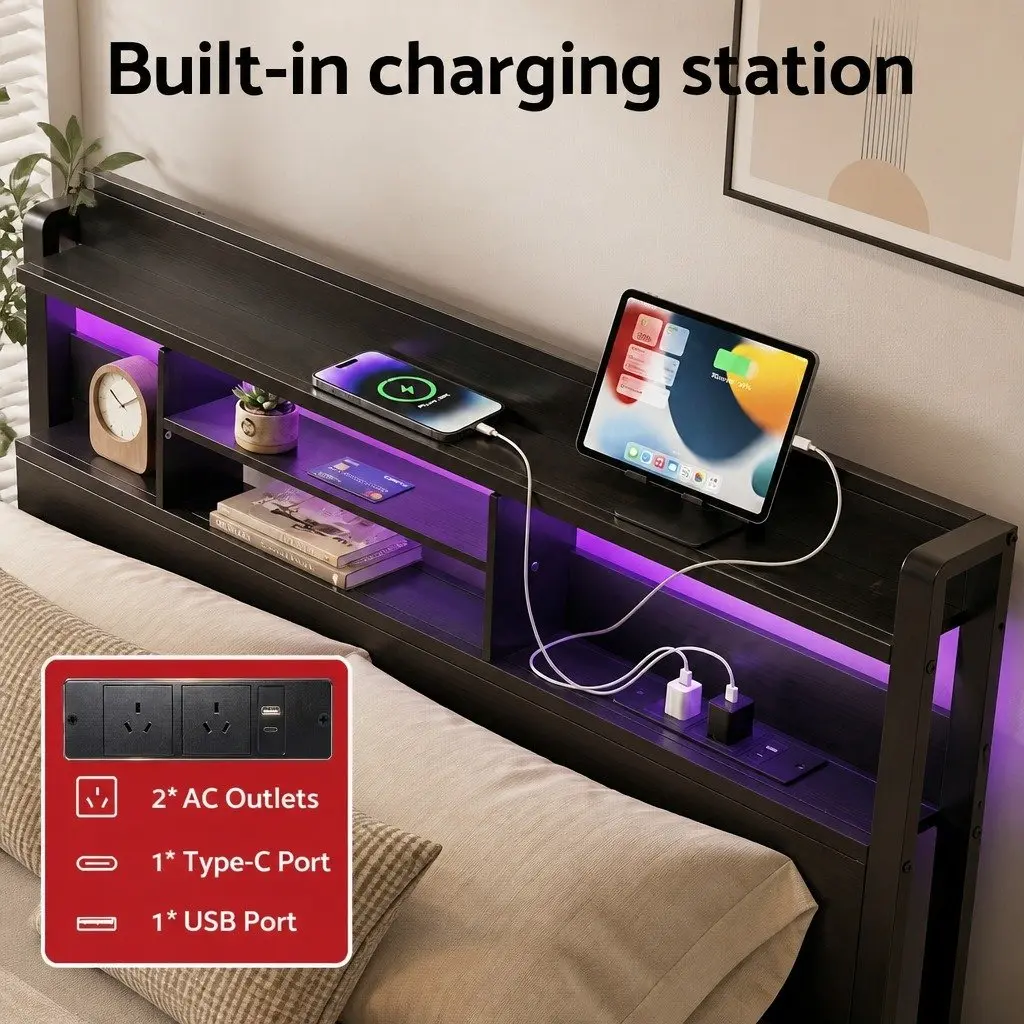 King Bed Frame with Charging Station Storage Drawers LED Lights Metal Base 189cm W x 220cm L x 115cm H