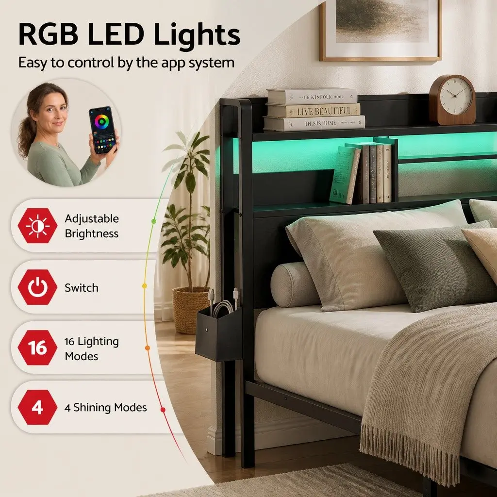 King Bed Frame with Charging Station Storage Drawers LED Lights Metal Base 189cm W x 220cm L x 115cm H