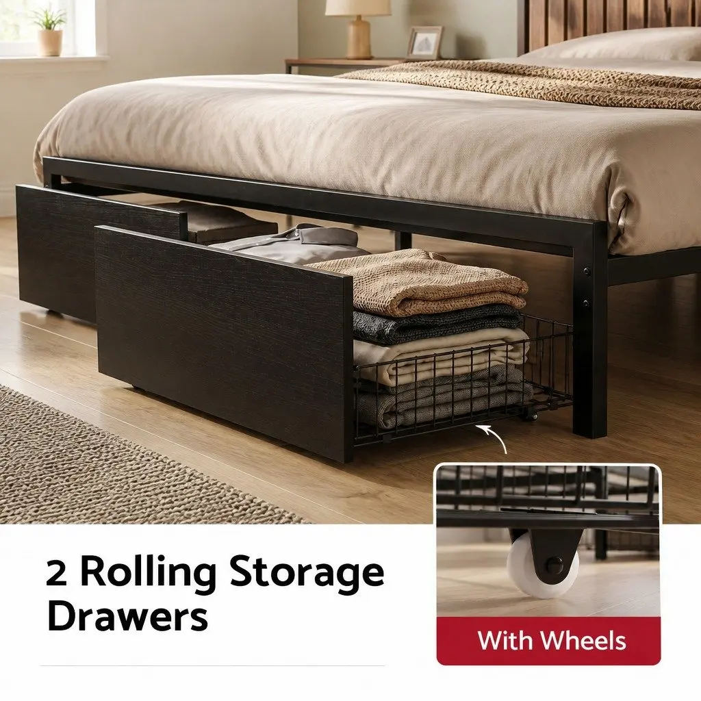 King Bed Frame with Charging Station Storage Drawers LED Lights Metal Base 189cm W x 220cm L x 115cm H