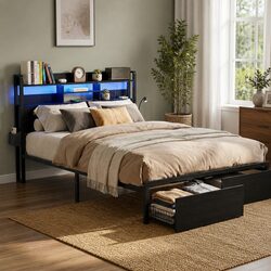 Queen Bed Frame with Storage Drawers LED Charging Station Metal Industrial
