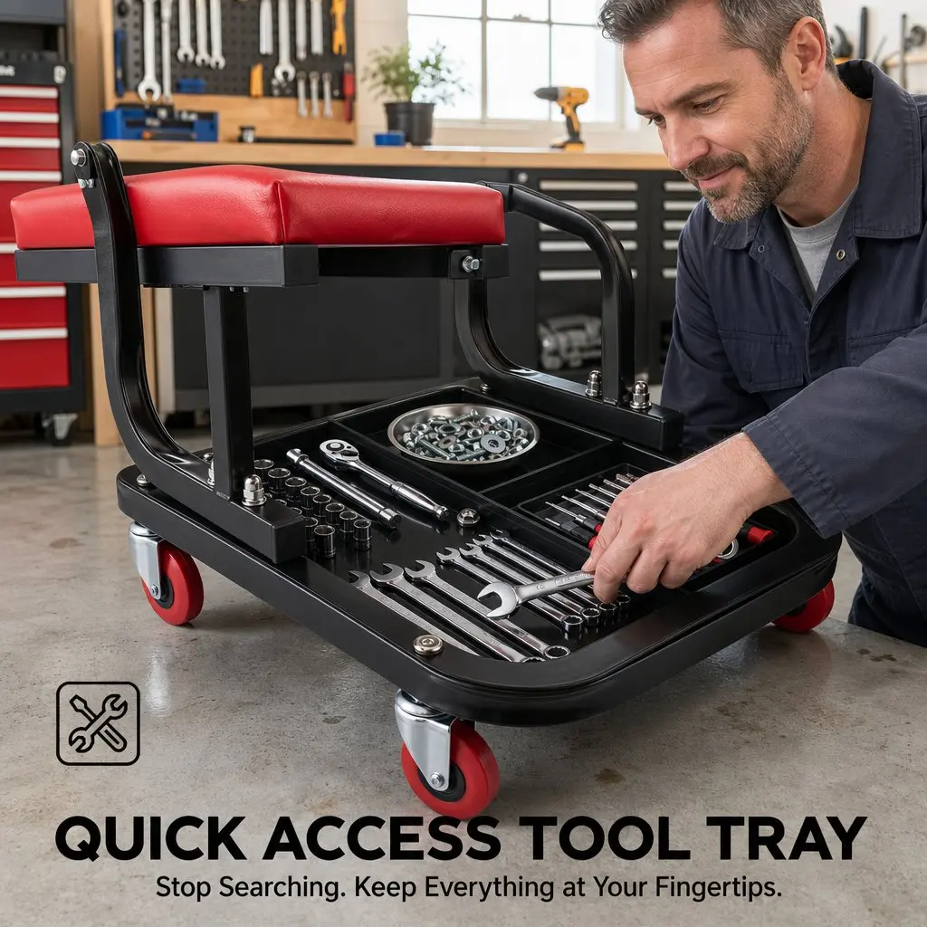 Rolling Mechanic Creeper Seat Heavy Duty with Tool Tray 36x36cm