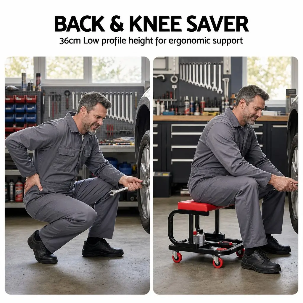 Rolling Mechanic Creeper Seat Heavy Duty with Tool Tray 36x36cm