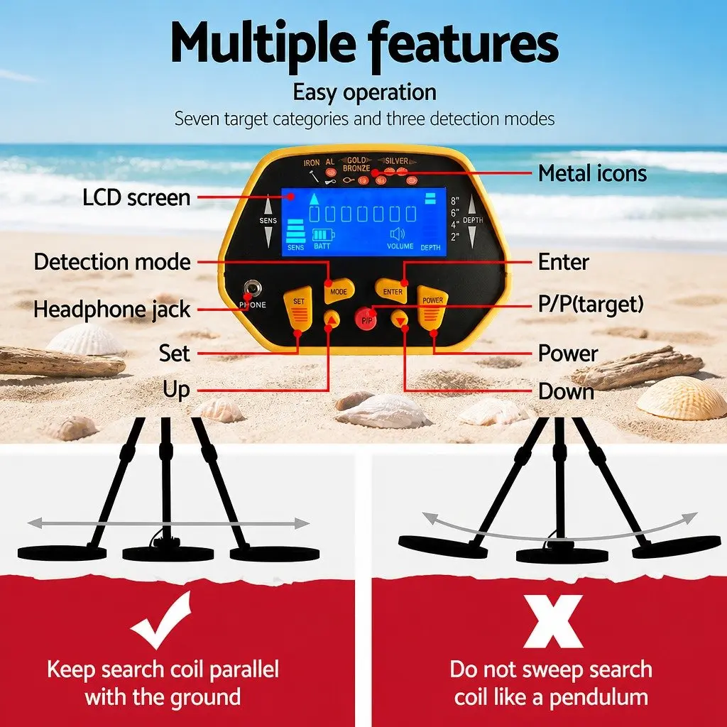 Metal Detector Pinpointer Set Yellow LCD Display Water Resistant 105-121cm