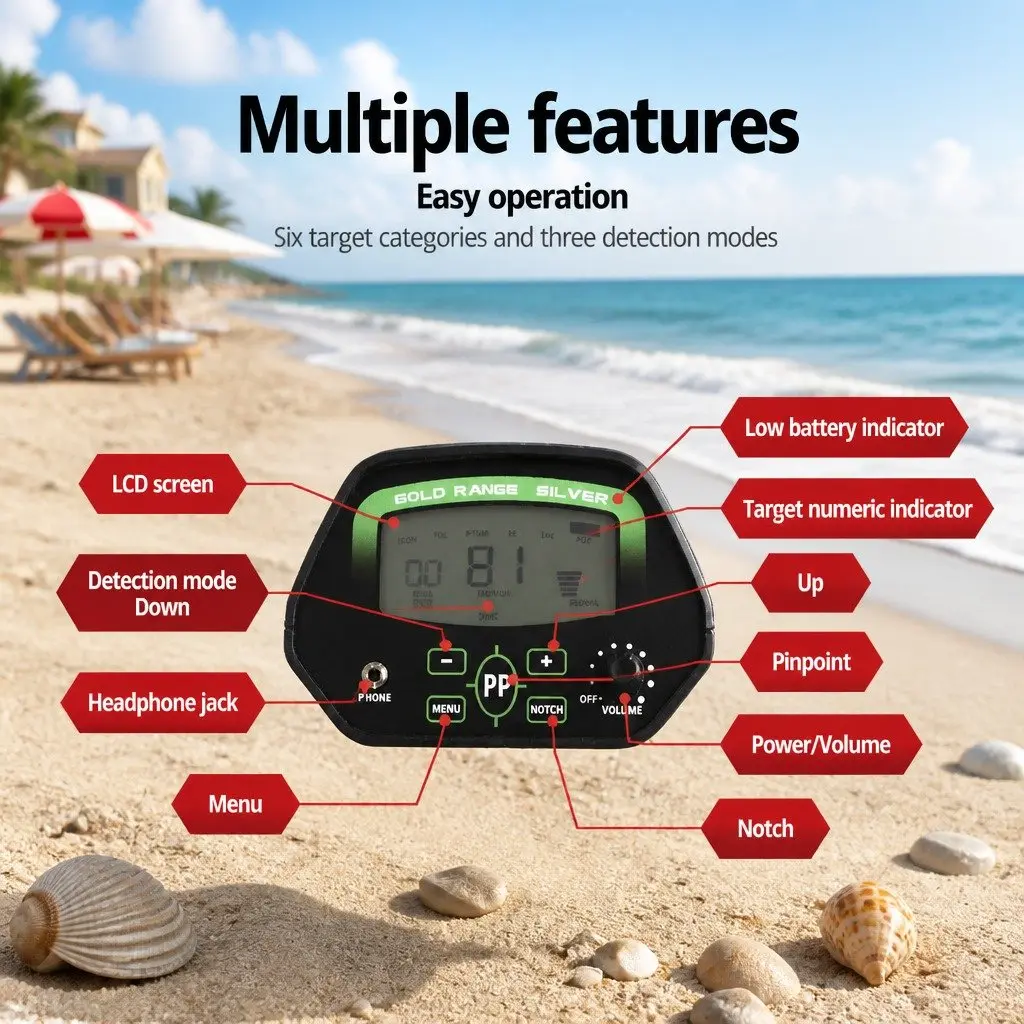 Metal Detector Pinpointer Kit Waterproof LCD Adjustable Shaft 9 Piece