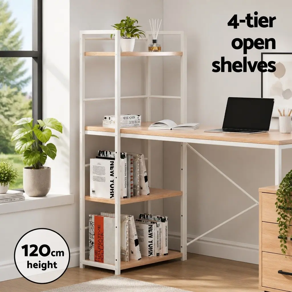 Computer Desk with Shelves Oak White Frame 120CM Office Workstation