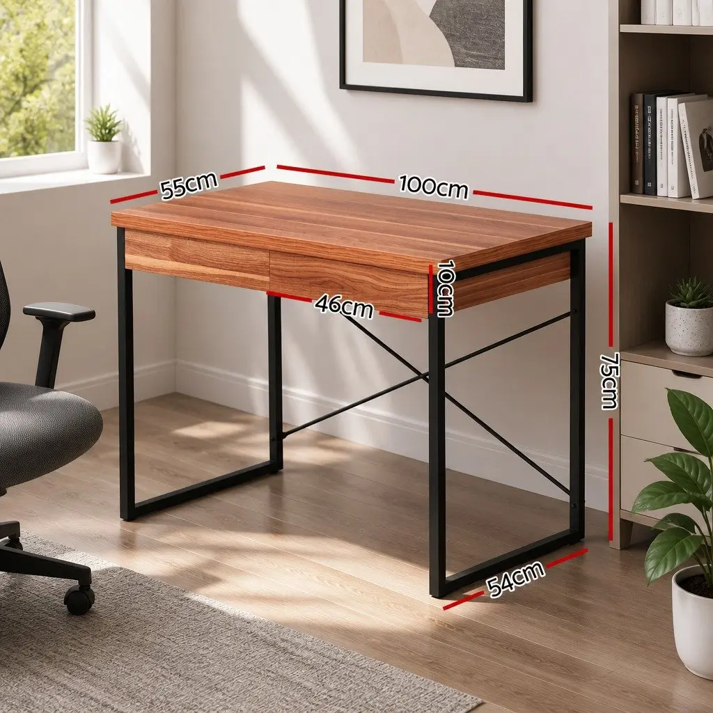 Computer Desk with 2 Drawers Storage Walnut Black 100CM Home Office Workstation