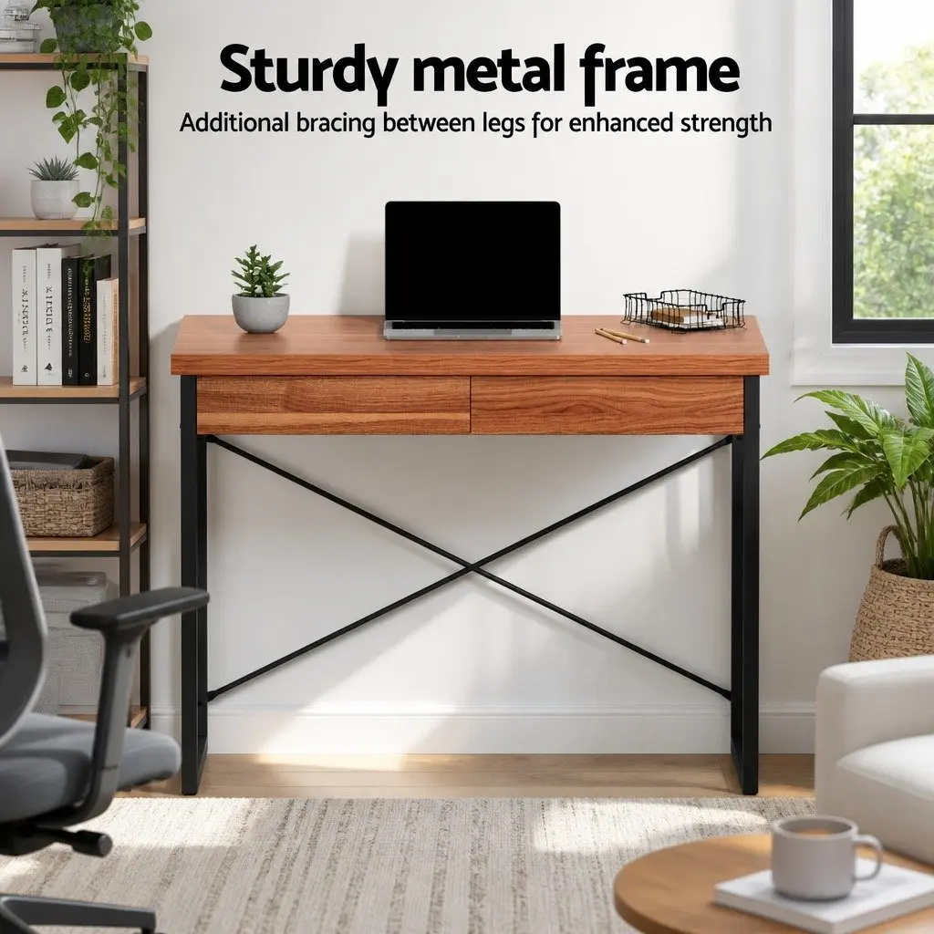 Computer Desk with 2 Drawers Storage Walnut Black 100CM Home Office Workstation