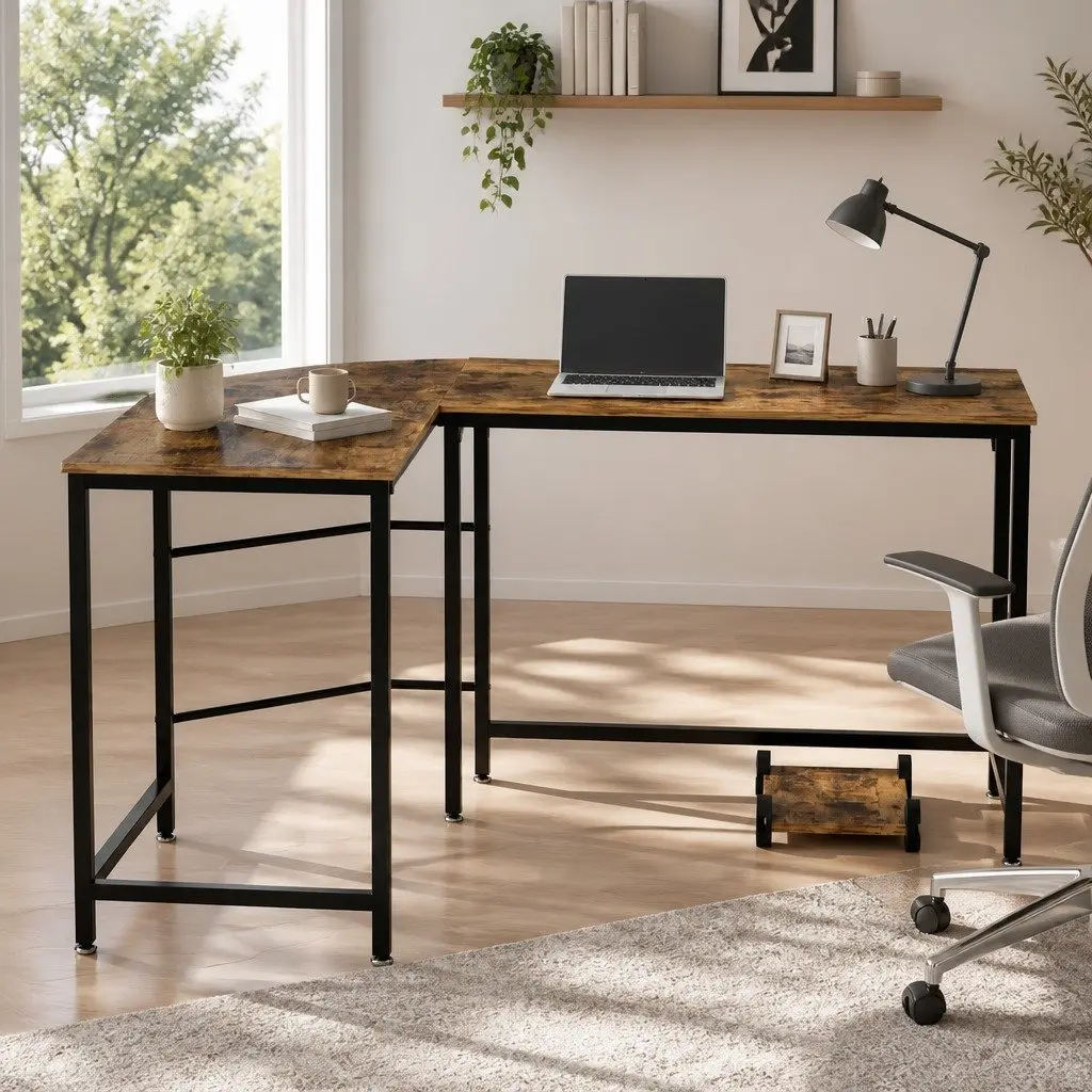 L-Shape Computer Desk Corner Office Workstation Brown 147cm