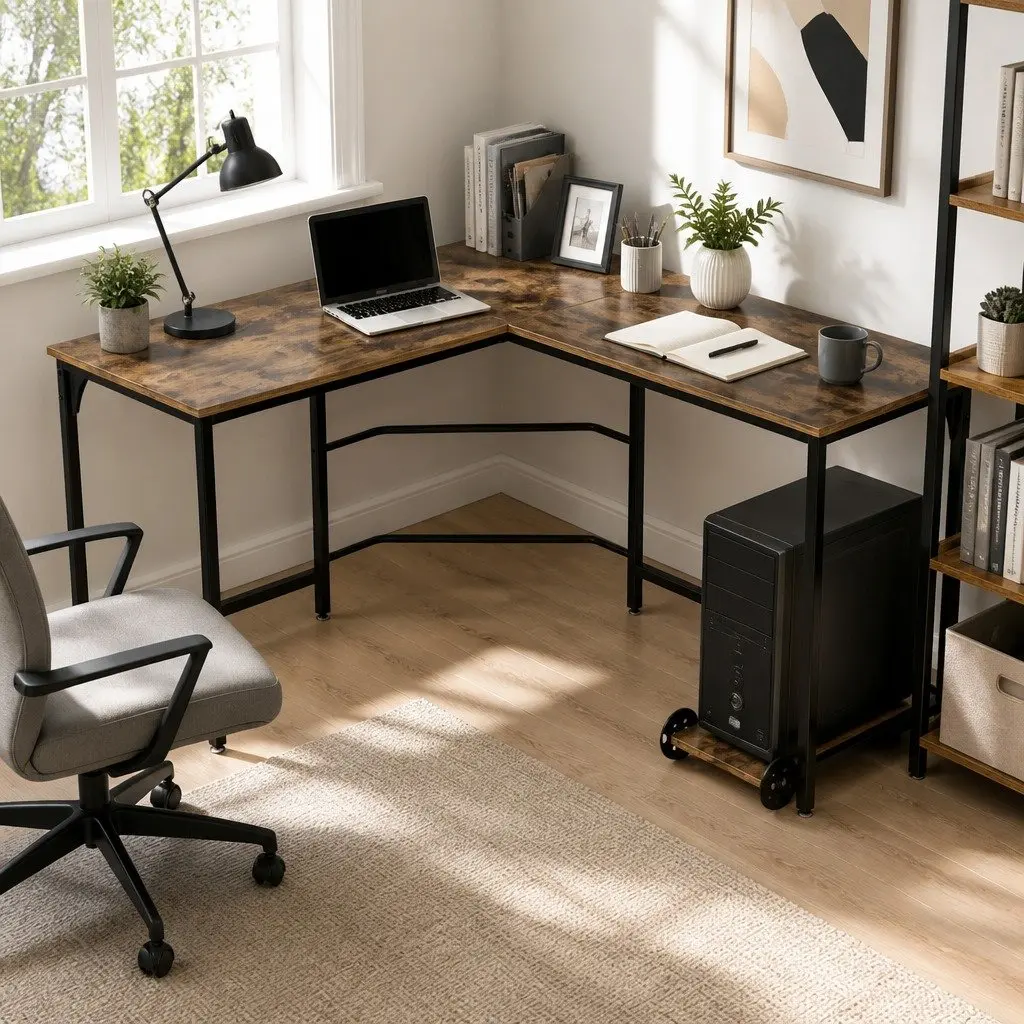 L-Shape Computer Desk Corner Office Workstation Brown 147cm