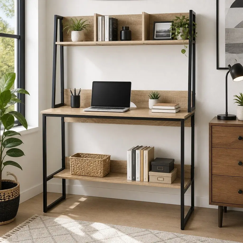 Computer Desk Oak 100CM with Bookshelf Storage for Small Space Home Office