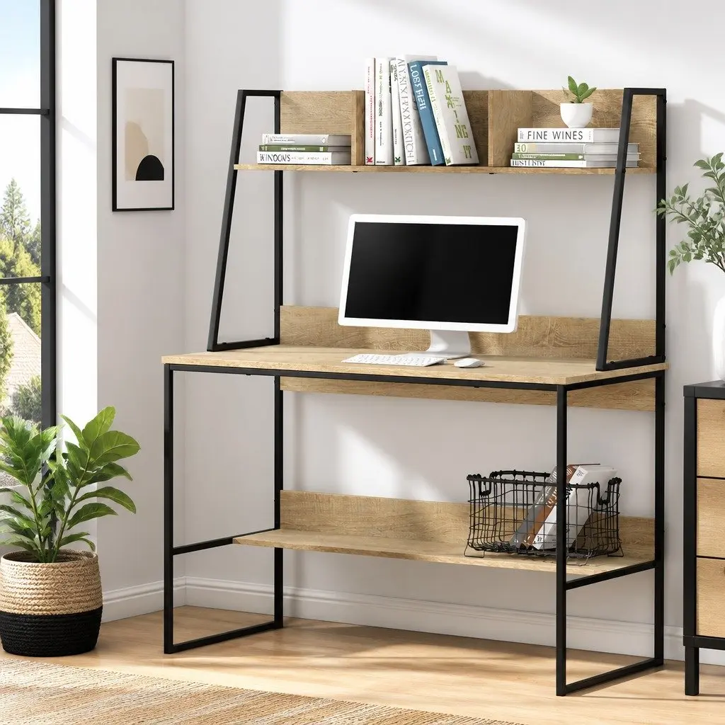 Computer Desk Oak 100CM with Bookshelf Storage for Small Space Home Office