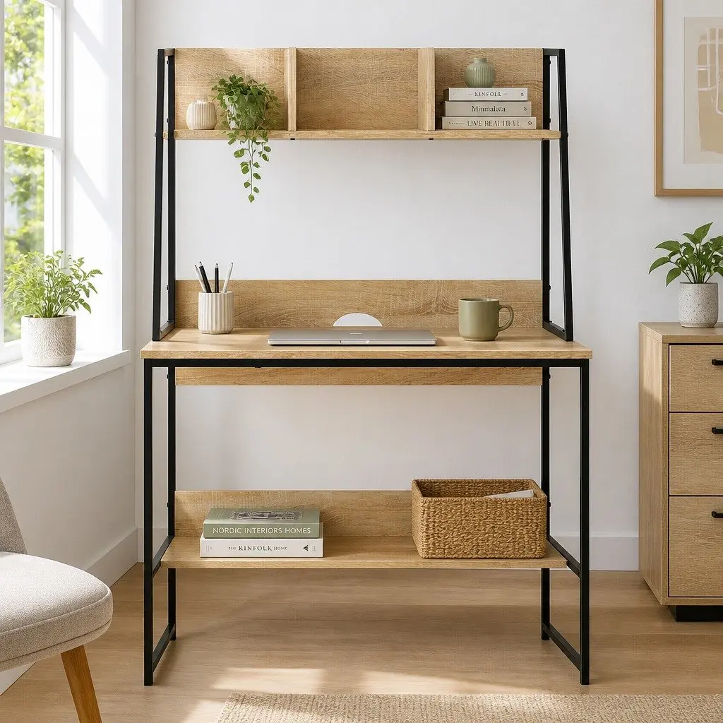 Computer Desk Oak 100CM with Bookshelf Storage for Small Space Home Office