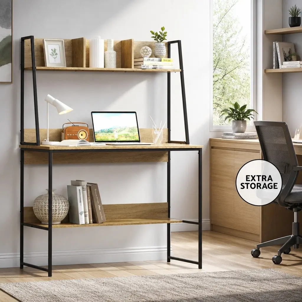 Computer Desk Oak 100CM with Bookshelf Storage for Small Space Home Office