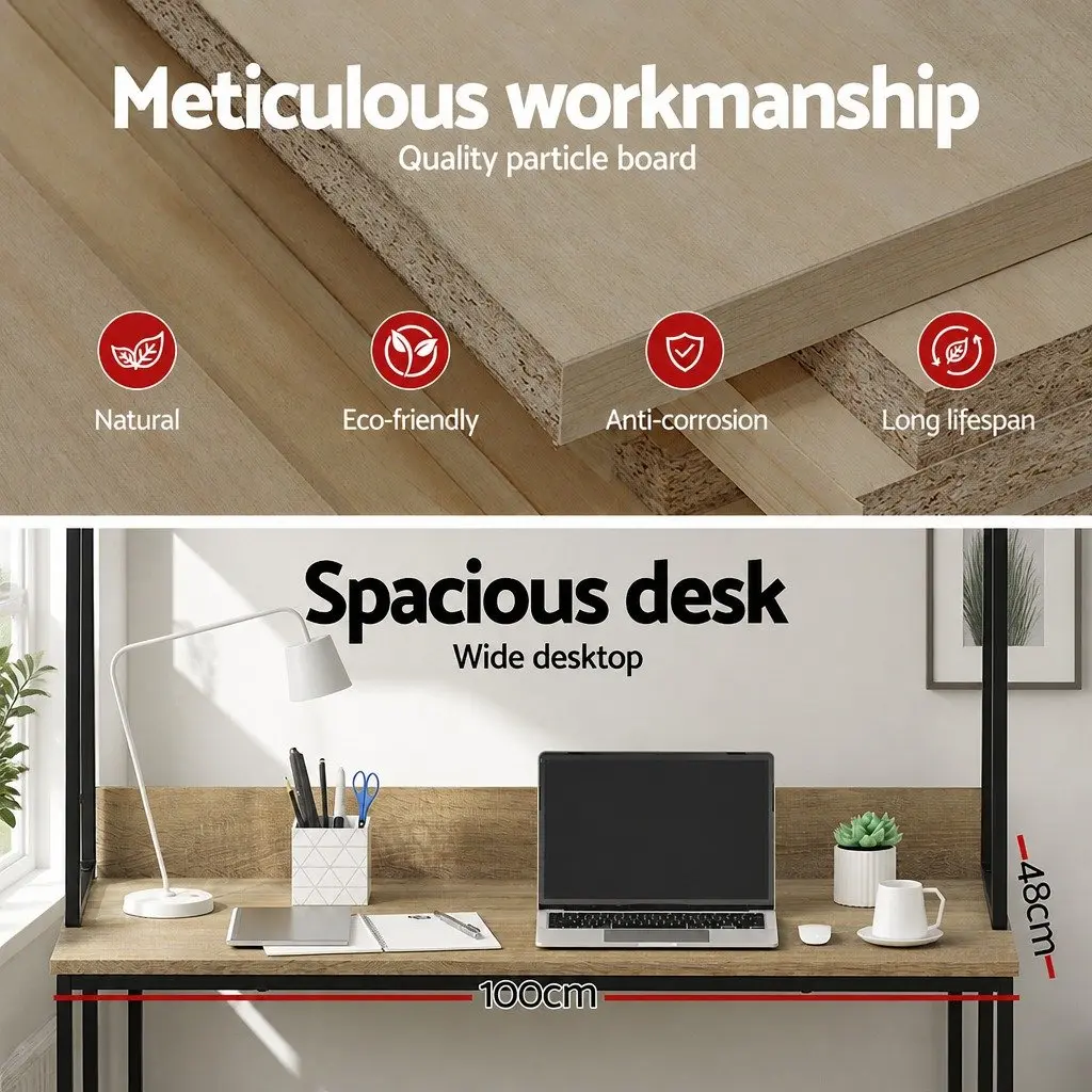Computer Desk Oak 100CM with Bookshelf Storage for Small Space Home Office