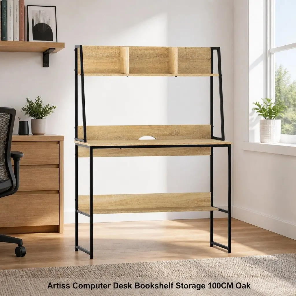 Computer Desk Oak 100CM with Bookshelf Storage for Small Space Home Office
