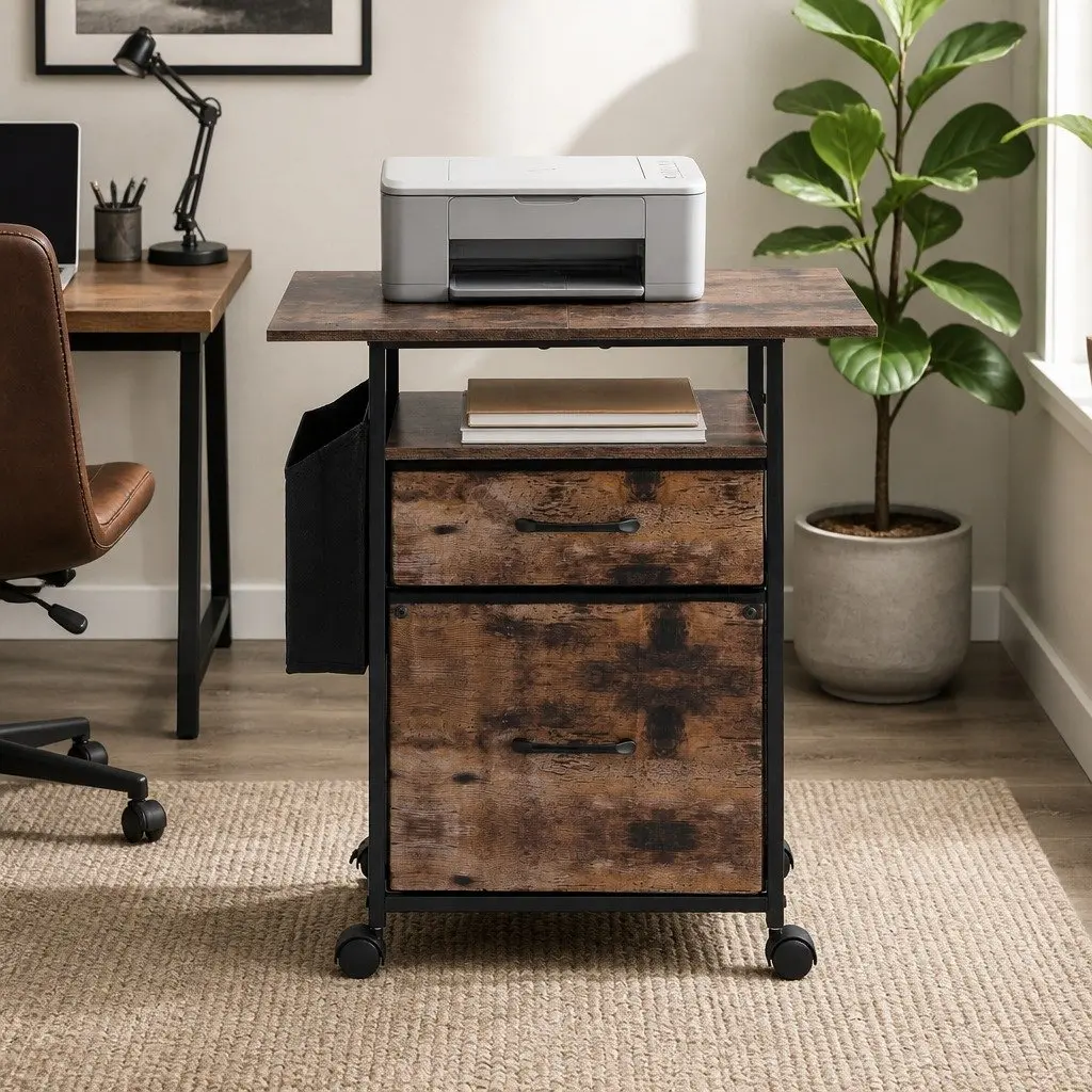 Mobile Filing Cabinet 60cm Printer Stand Industrial Wood Grain Metal Frame 2 Drawer File Storage with Castors