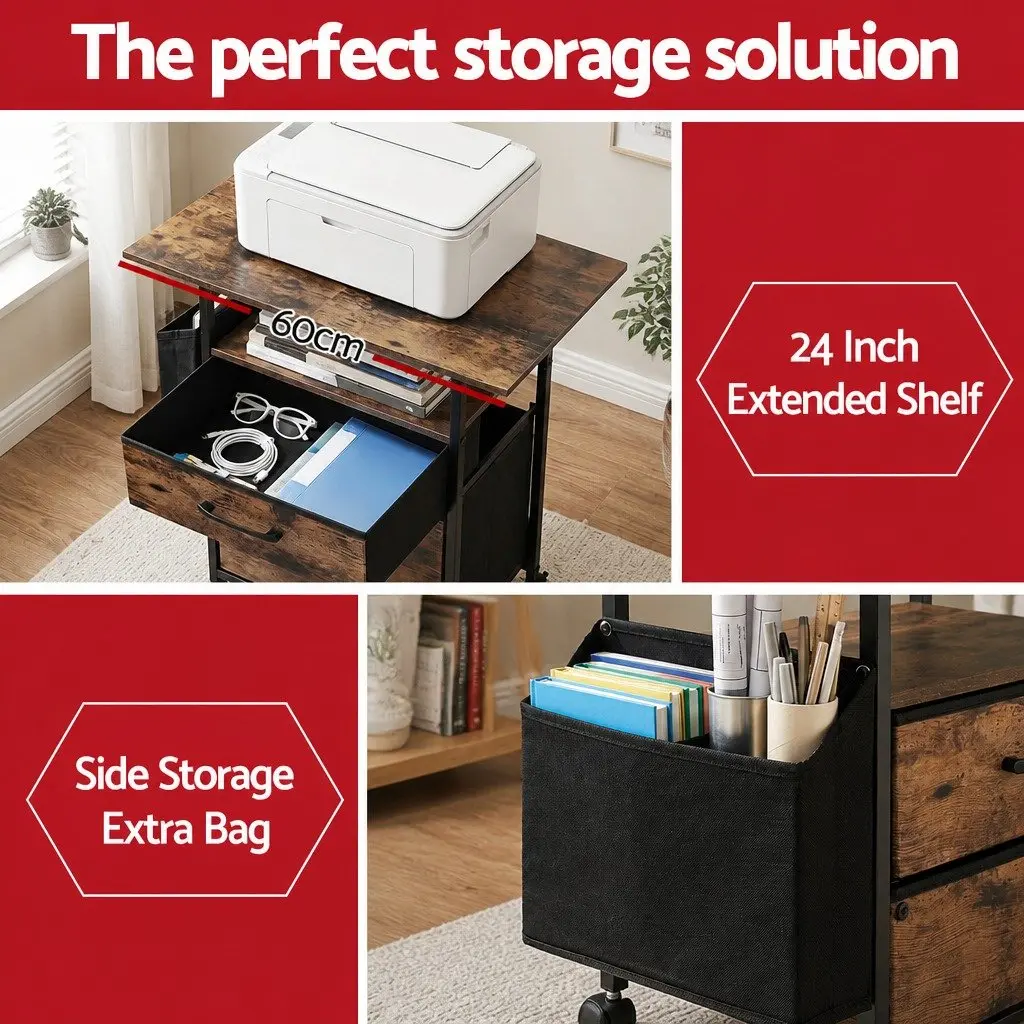 Mobile Filing Cabinet 60cm Printer Stand Industrial Wood Grain Metal Frame 2 Drawer File Storage with Castors