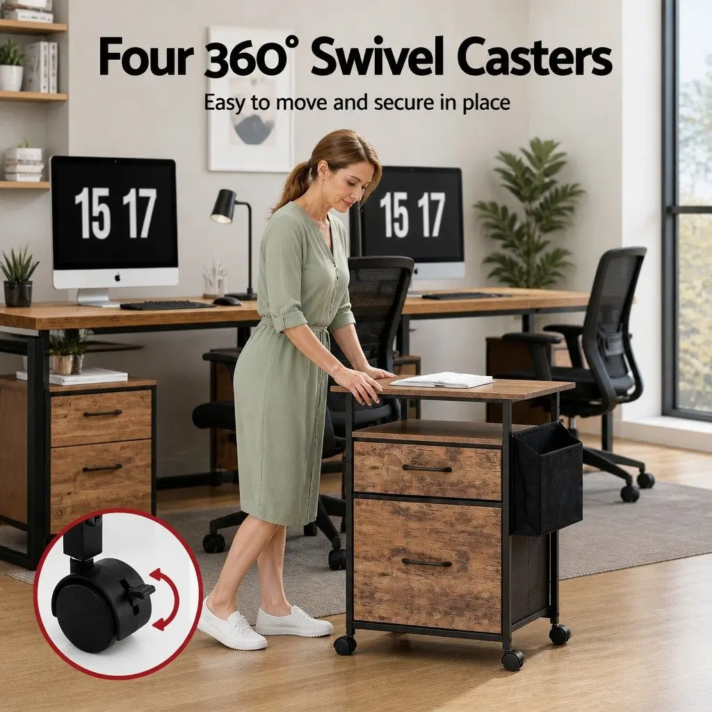 Mobile Filing Cabinet 60cm Printer Stand Industrial Wood Grain Metal Frame 2 Drawer File Storage with Castors
