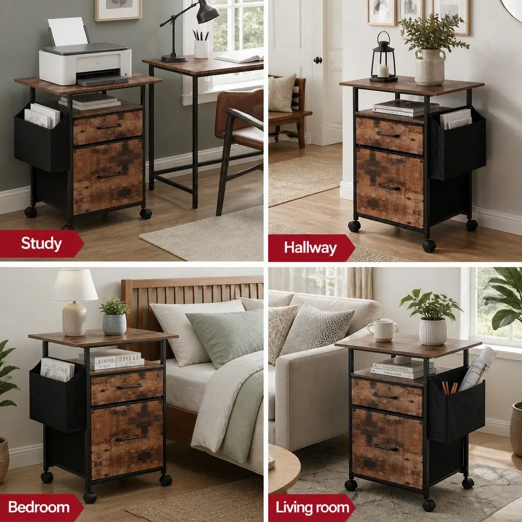 Mobile Filing Cabinet 60cm Printer Stand Industrial Wood Grain Metal Frame 2 Drawer File Storage with Castors