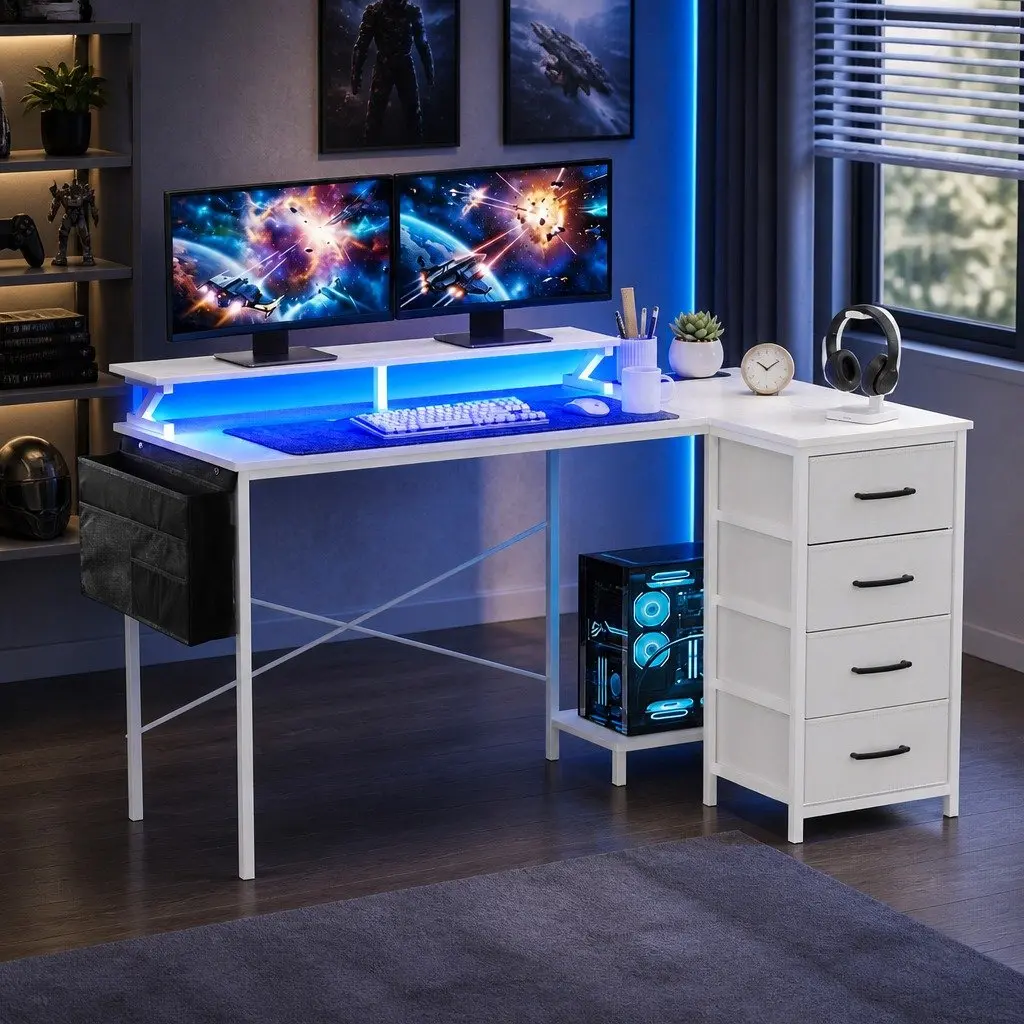 L-Shaped Gaming Desk with LED Lighting