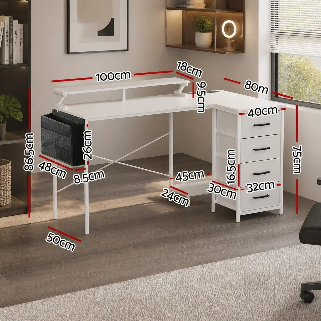 L Shaped Gaming Computer Desk 140cm White Workspace with LED Lighting Power