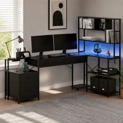 L Shaped Gaming Computer Desk 200cm with RGB LED Lights Power Outlets Storage