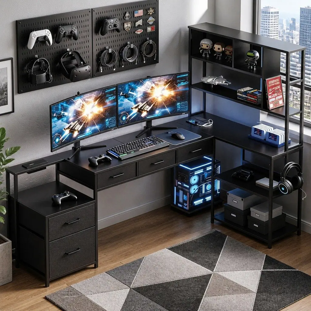 L Shaped Gaming Computer Desk with RGB LED Lights 200cm