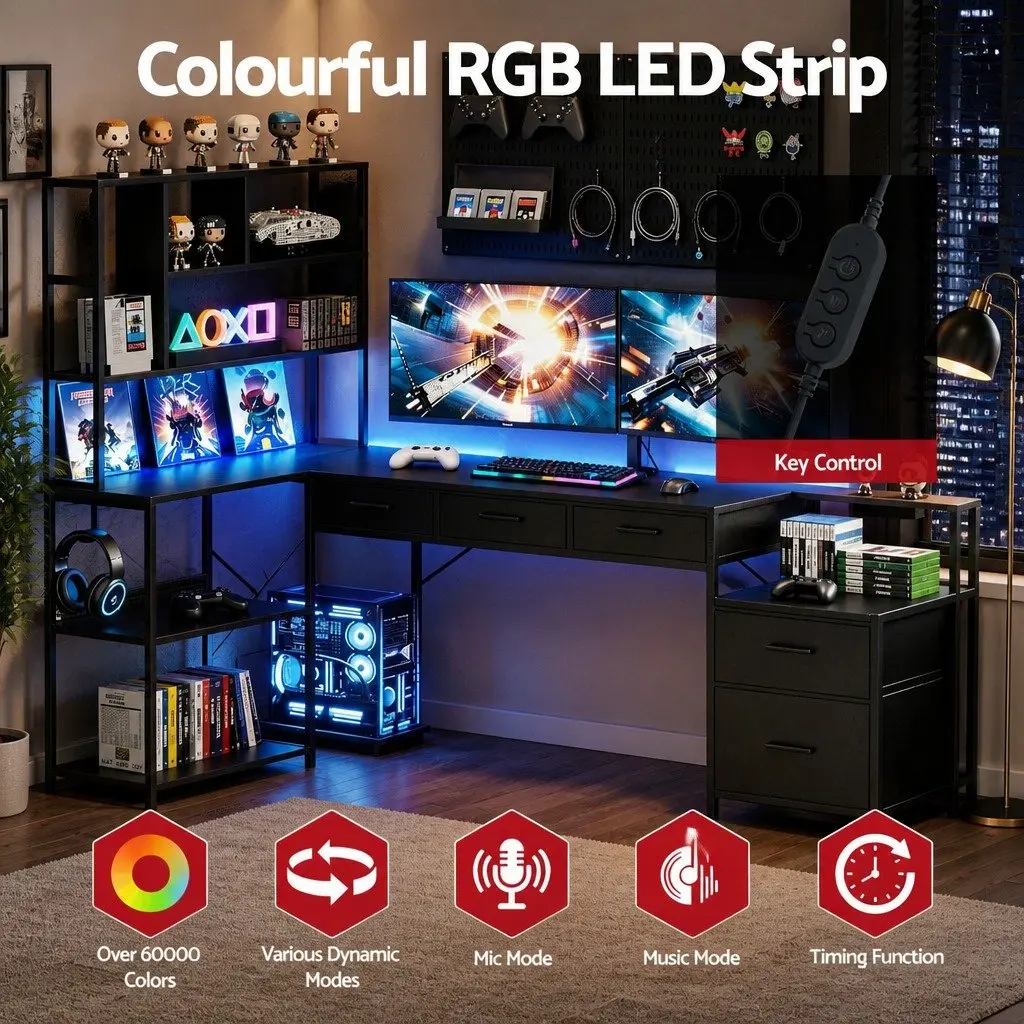 L Shaped Gaming Computer Desk with RGB LED Lights 200cm
