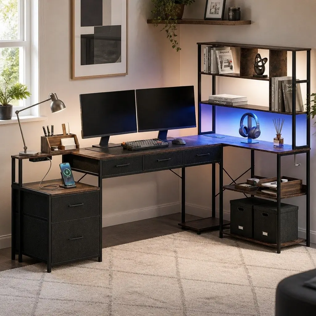 L Shaped Gaming Computer Desk 200cm Workspace with LED Lights Power Outlets