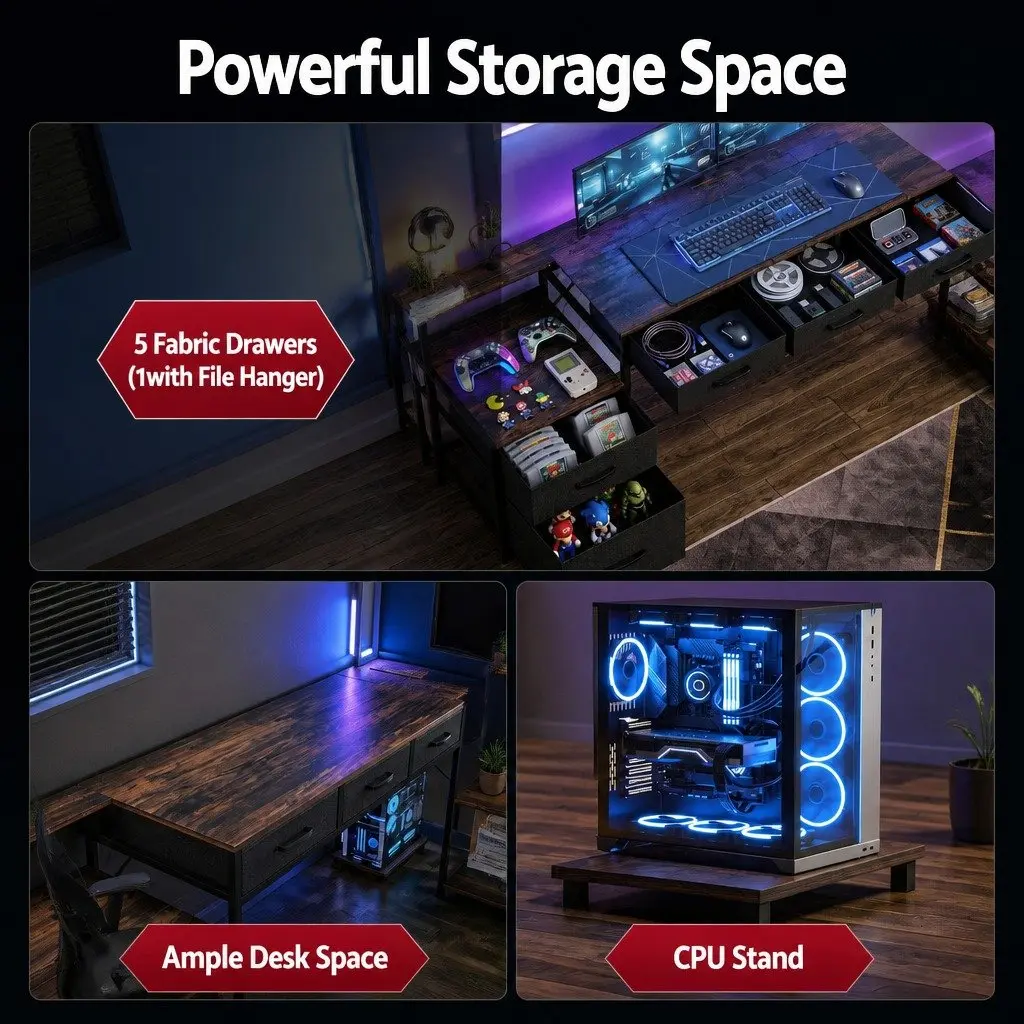 L Shaped Gaming Computer Desk with LED Lights 200cm Workspace