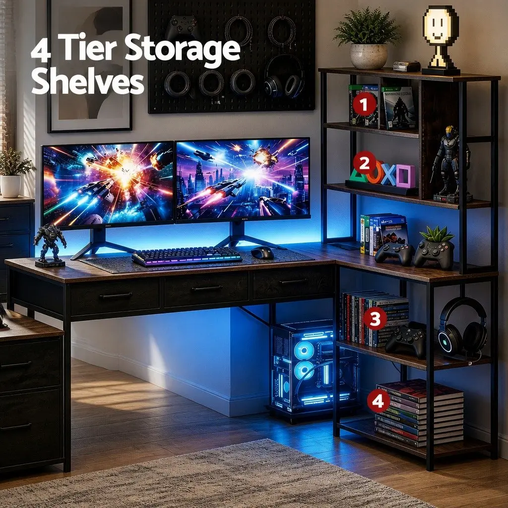 L Shaped Gaming Computer Desk with LED Lights 200cm Workspace