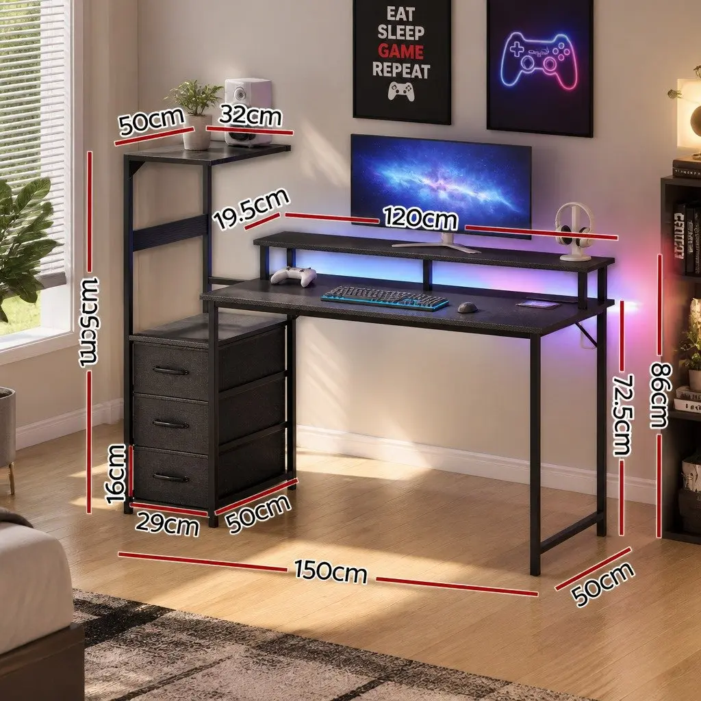 L Shaped Gaming Desk with RGB LED Lights 145cm