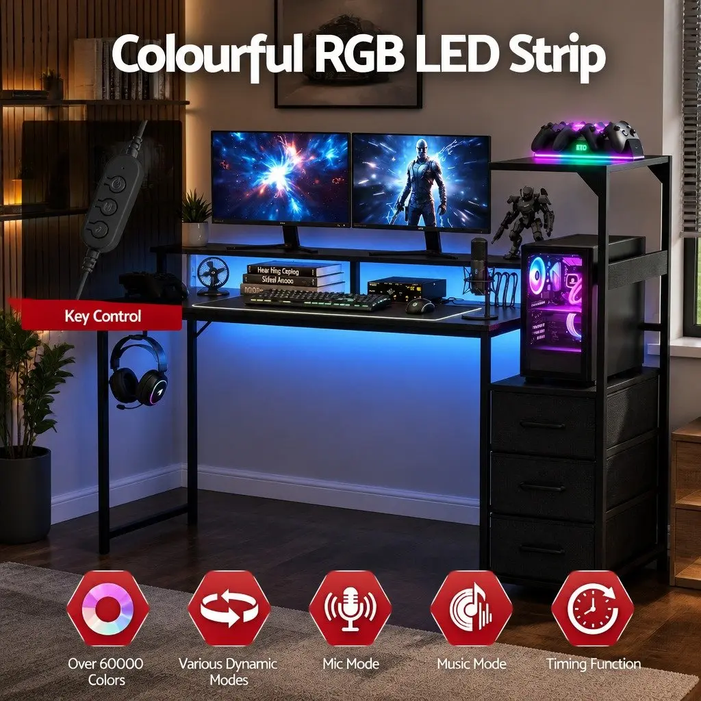 L Shaped Gaming Desk with RGB LED Lights 145cm