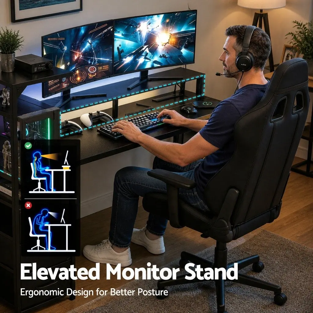 L Shaped Gaming Desk with RGB LED Lights 145cm