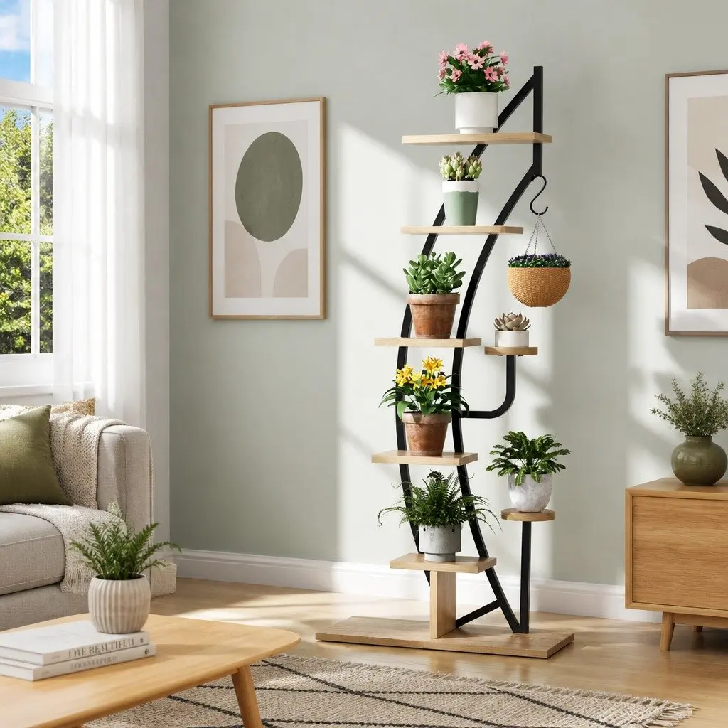 6 Tier Half Moon Plant Stand Black Metal Indoor Outdoor Organizer Space Saving