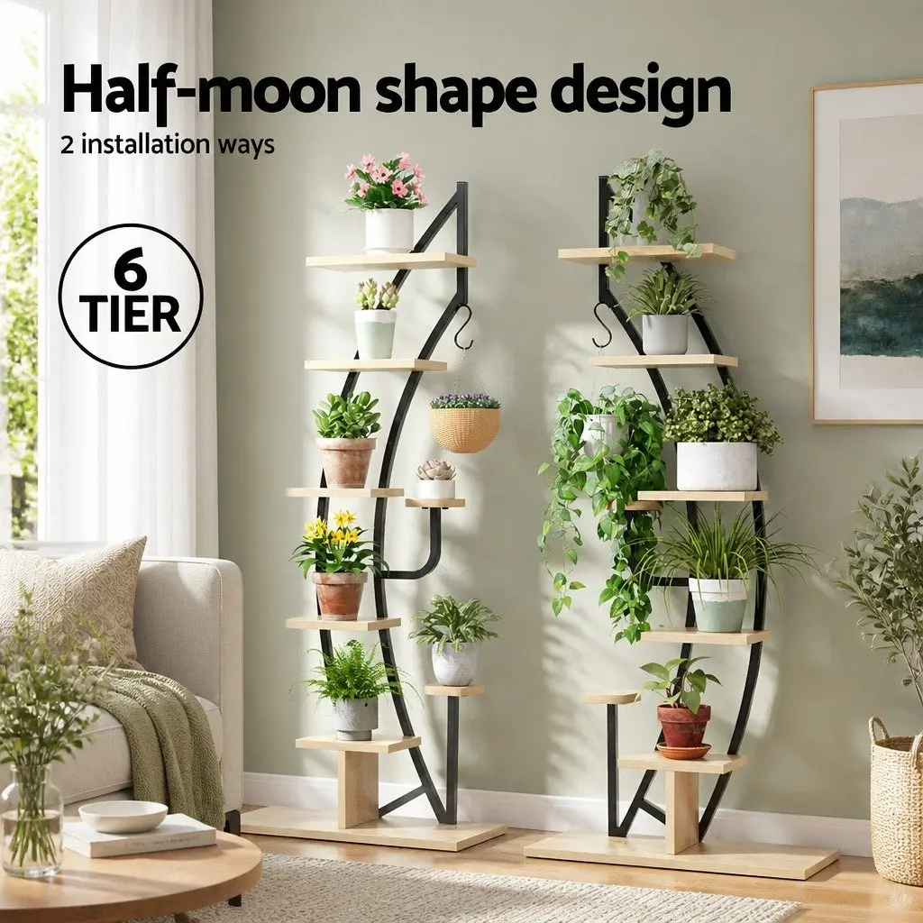 6 Tier Half Moon Plant Stand Black Metal Indoor Outdoor Organizer Space Saving