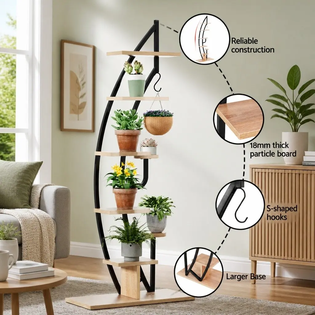 6 Tier Half Moon Plant Stand Black Metal Indoor Outdoor Organizer Space Saving