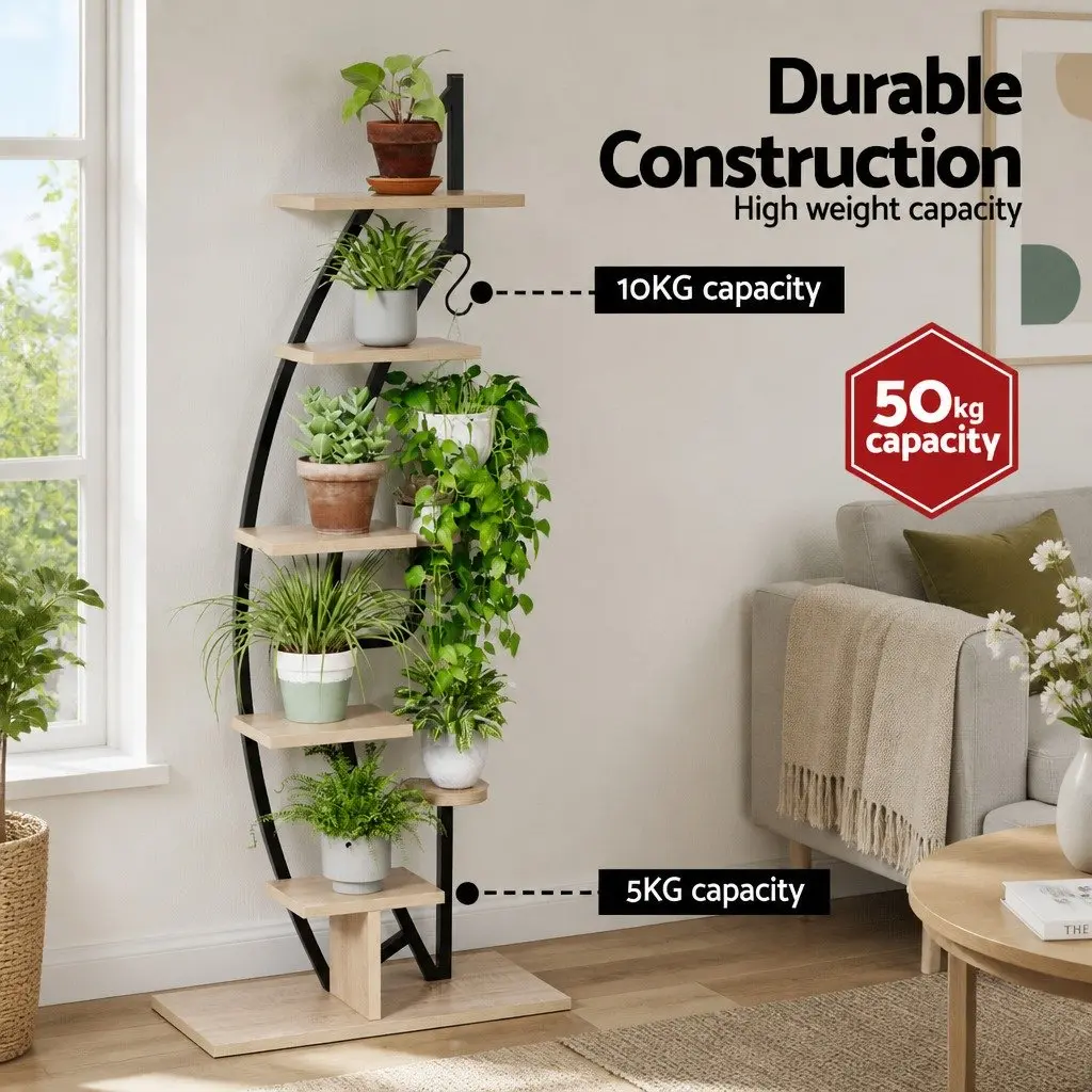 6 Tier Half Moon Plant Stand Black Metal Indoor Outdoor Organizer Space Saving