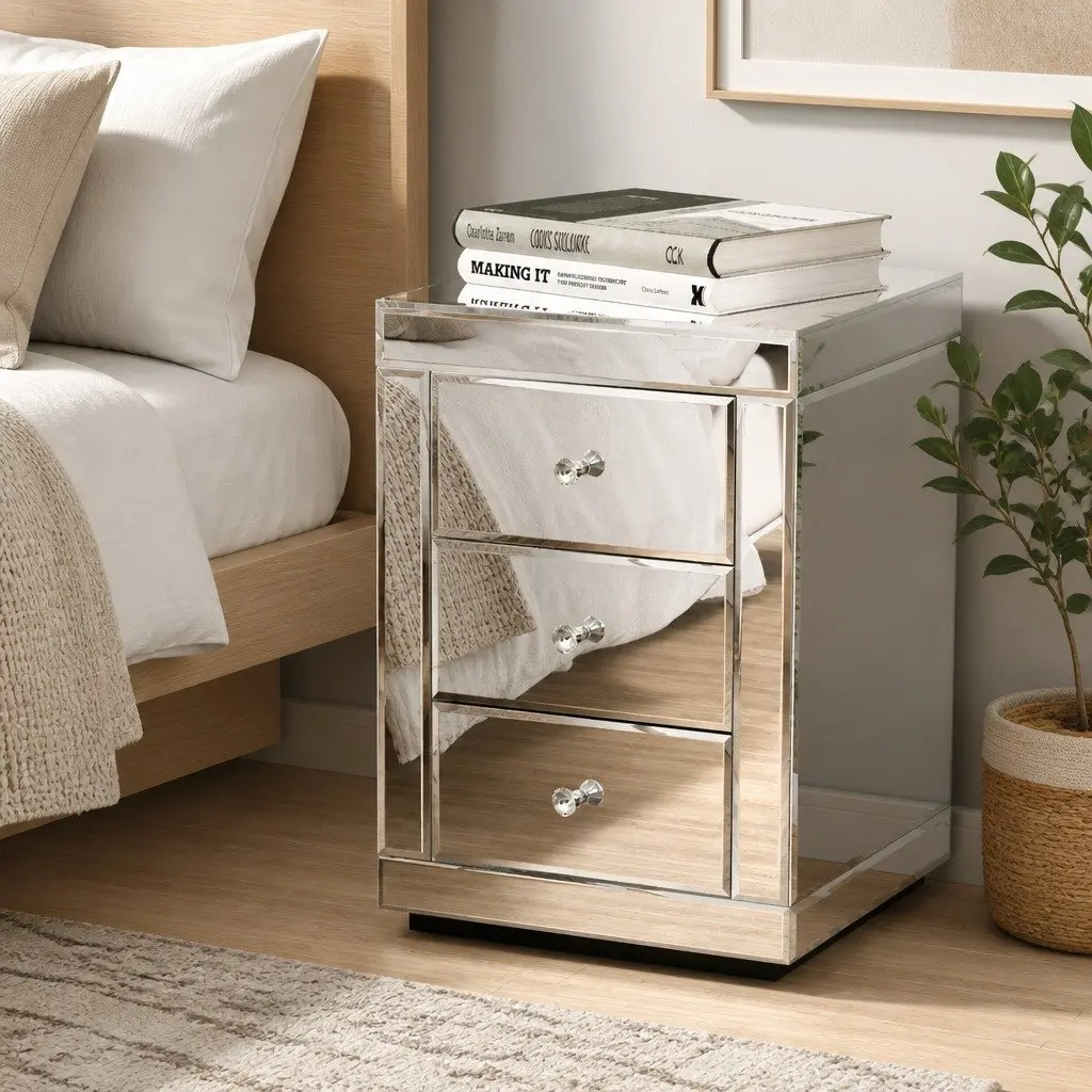 Mirrored Bedside Table 3 Drawers Silver 40cm W x 40cm D x 58cm H