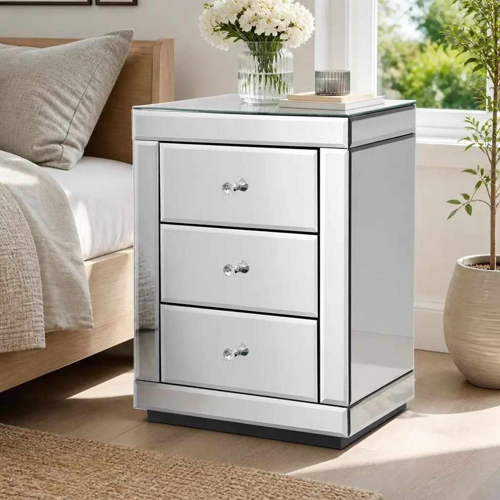 Mirrored Bedside Table 3 Drawers Silver 40cm W x 40cm D x 58cm H