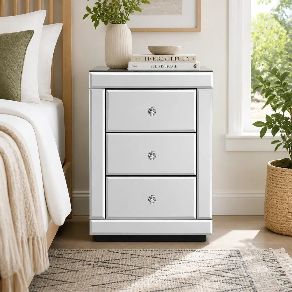 Mirrored Bedside Table 3 Drawers Silver 40cm W x 40cm D x 58cm H